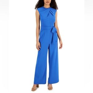 Tahari Scuba Crepe Cross Neck Wide Leg Jumpsuit Atlantic Blue